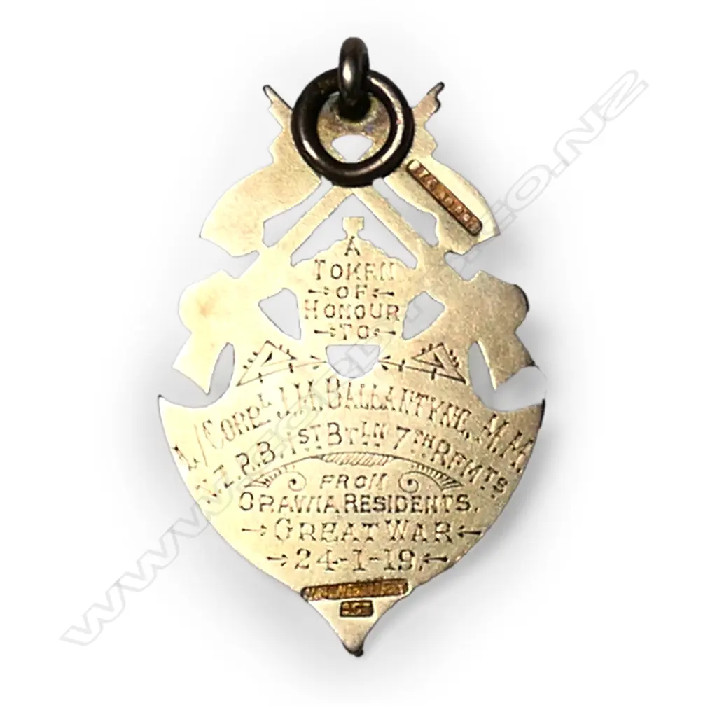W J Wesney (Riverton & Otautau) gold fob military medal 1919, Image 1++